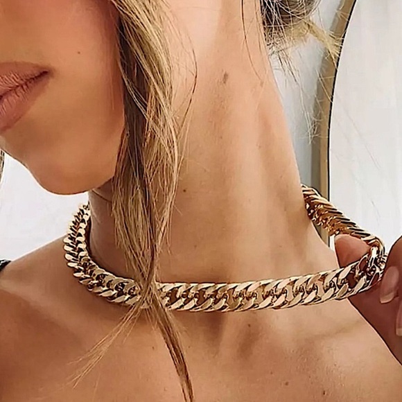 Gold Chain Link Exaggerated Cuban Choker Matching Bracelet Set - Picture 9 of 15